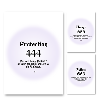 Set of three minimalist spiritual wall art prints featuring soft purple aura gradient backgrounds with bold black gothic typography for angel numbers 444, 555, and 666.