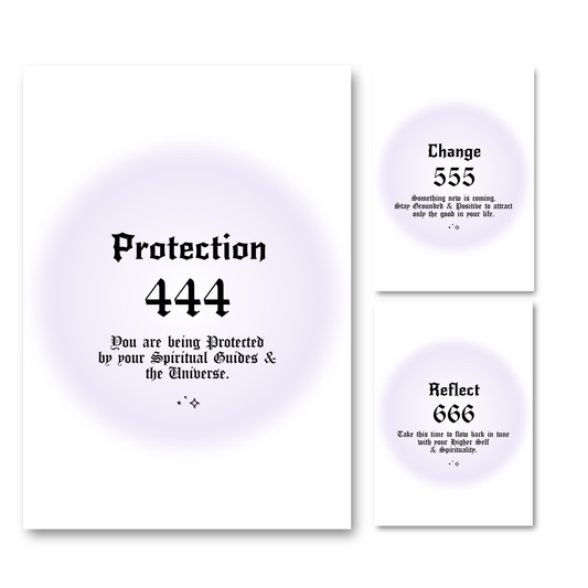 Set of three minimalist spiritual wall art prints featuring soft purple aura gradient backgrounds with bold black gothic typography for angel numbers 444, 555, and 666.