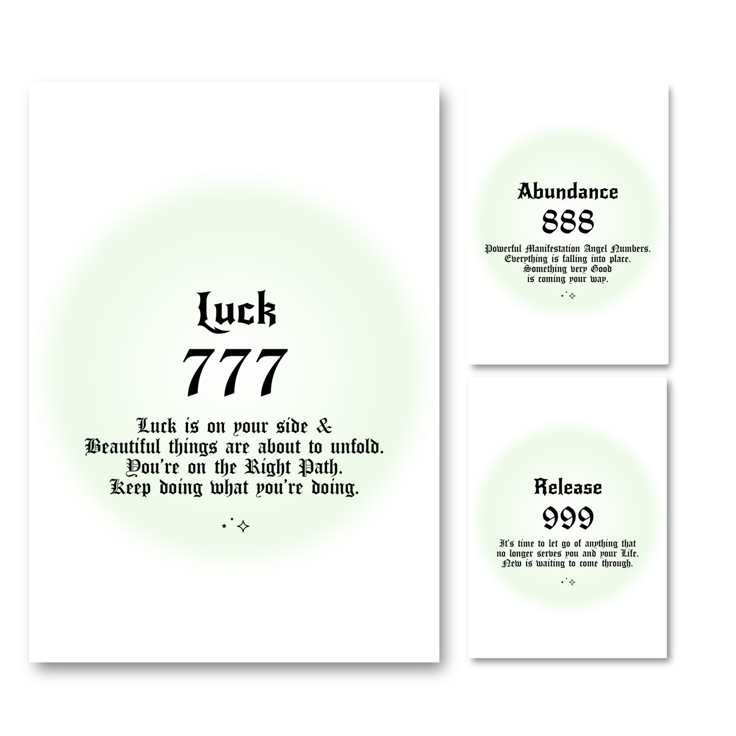 Set of three minimalist spiritual wall art prints featuring soft green mint aura gradient backgrounds with bold black gothic typography for angel numbers 777, 888, and 999.