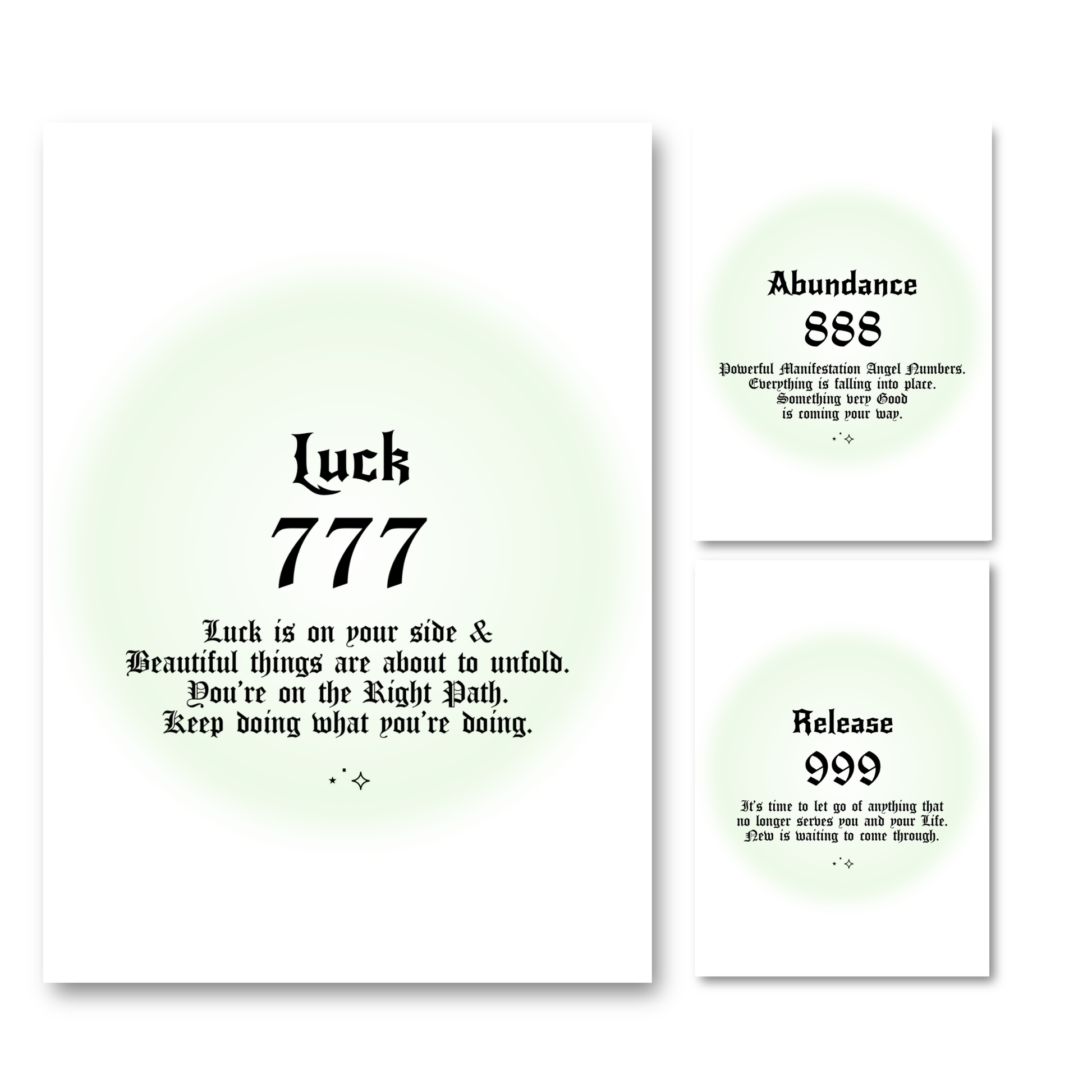 Set of three minimalist spiritual wall art prints featuring soft green mint aura gradient backgrounds with bold black gothic typography for angel numbers 777, 888, and 999.