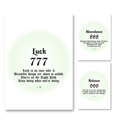 Set of three minimalist spiritual wall art prints featuring soft green mint aura gradient backgrounds with bold black gothic typography for angel numbers 777, 888, and 999.