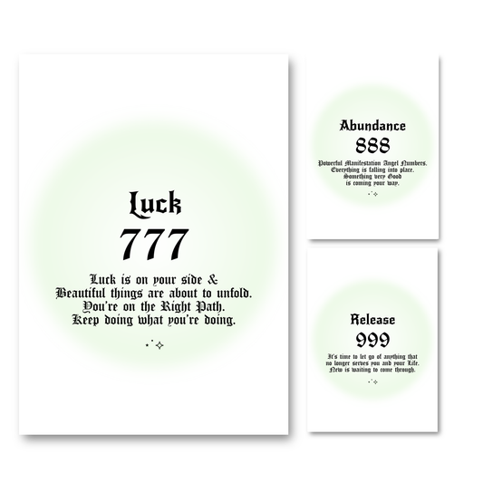 Set of three minimalist spiritual wall art prints featuring soft green mint aura gradient backgrounds with bold black gothic typography for angel numbers 777, 888, and 999.