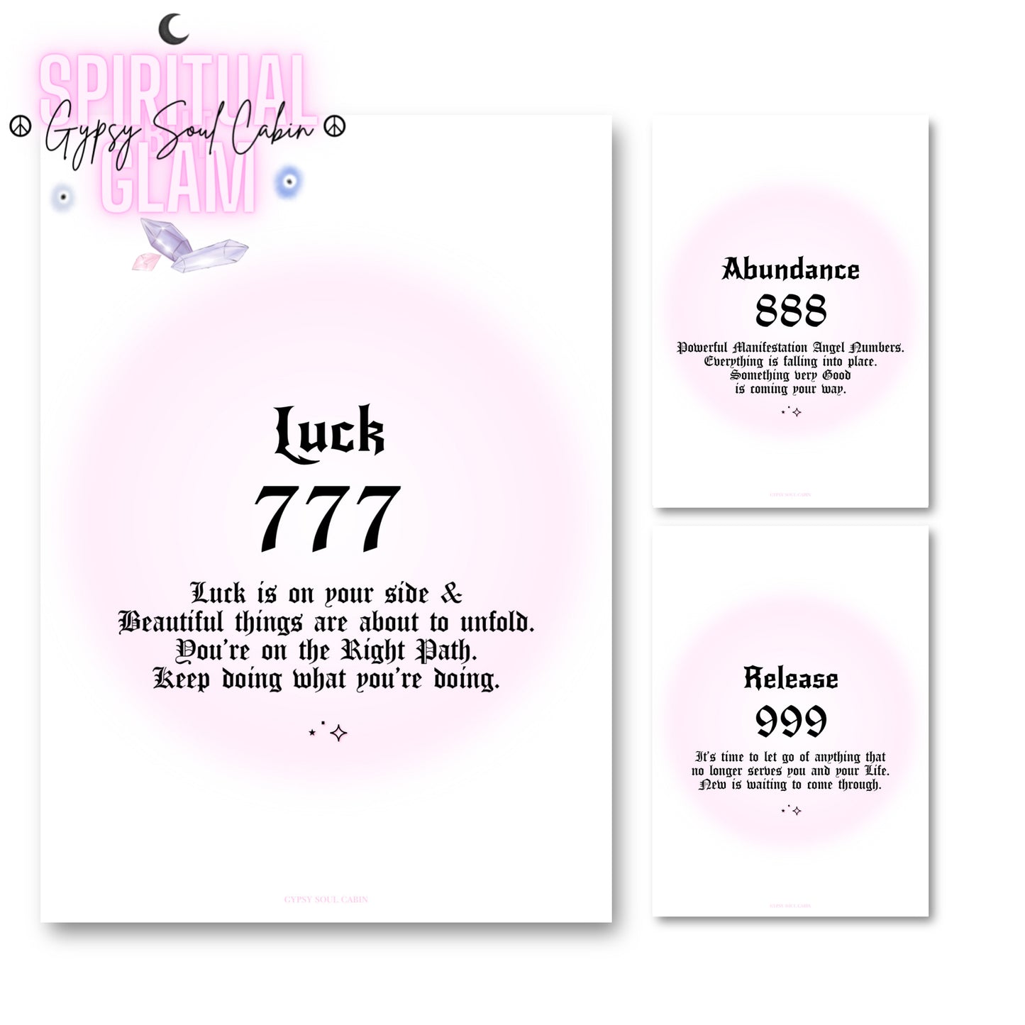 Set of three minimalist spiritual wall art prints featuring soft pink aura gradient backgrounds with bold black gothic typography for angel numbers 777, 888, and 999.