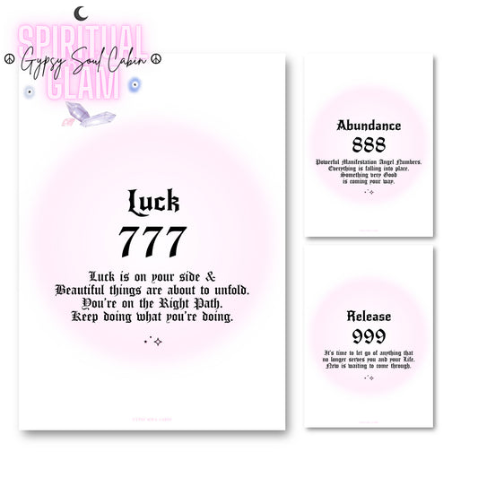 Set of three minimalist spiritual wall art prints featuring soft pink aura gradient backgrounds with bold black gothic typography for angel numbers 777, 888, and 999.