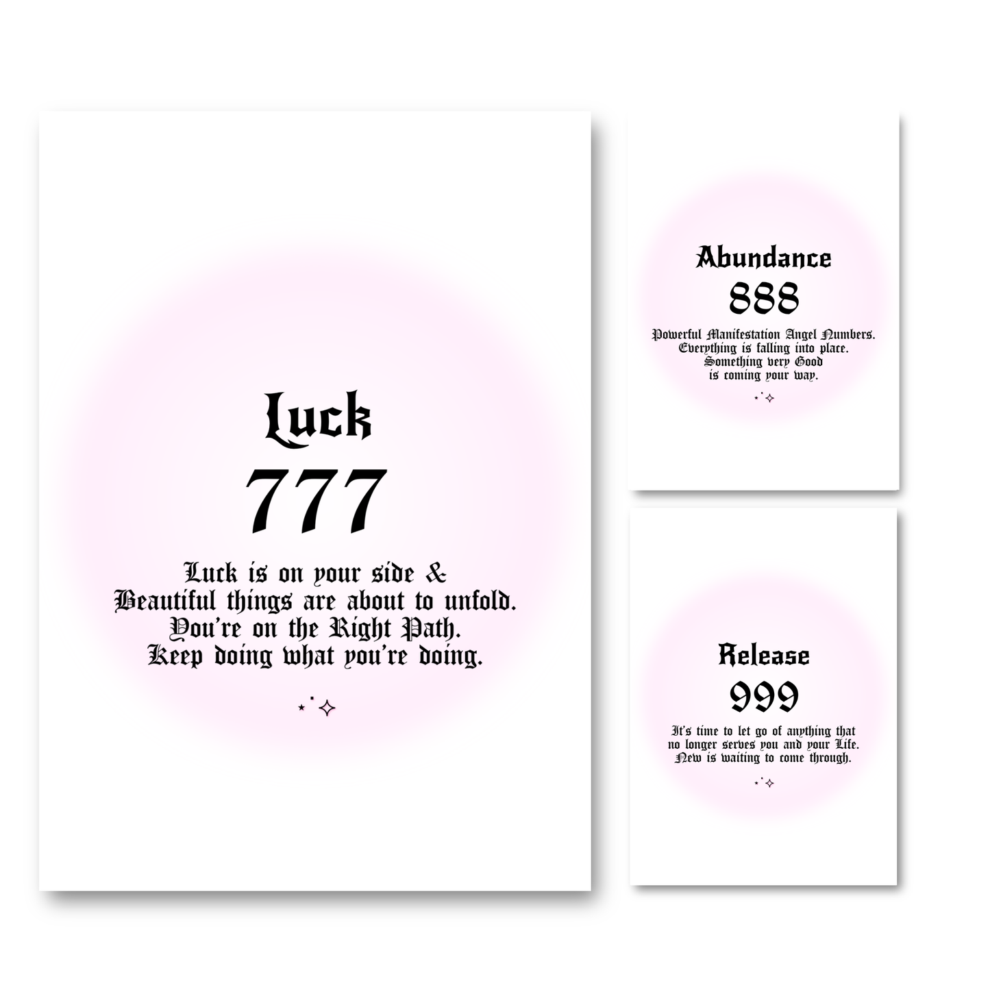Set of three minimalist spiritual wall art prints featuring soft pink aura gradient backgrounds with bold black gothic typography for angel numbers 777, 888, and 999.