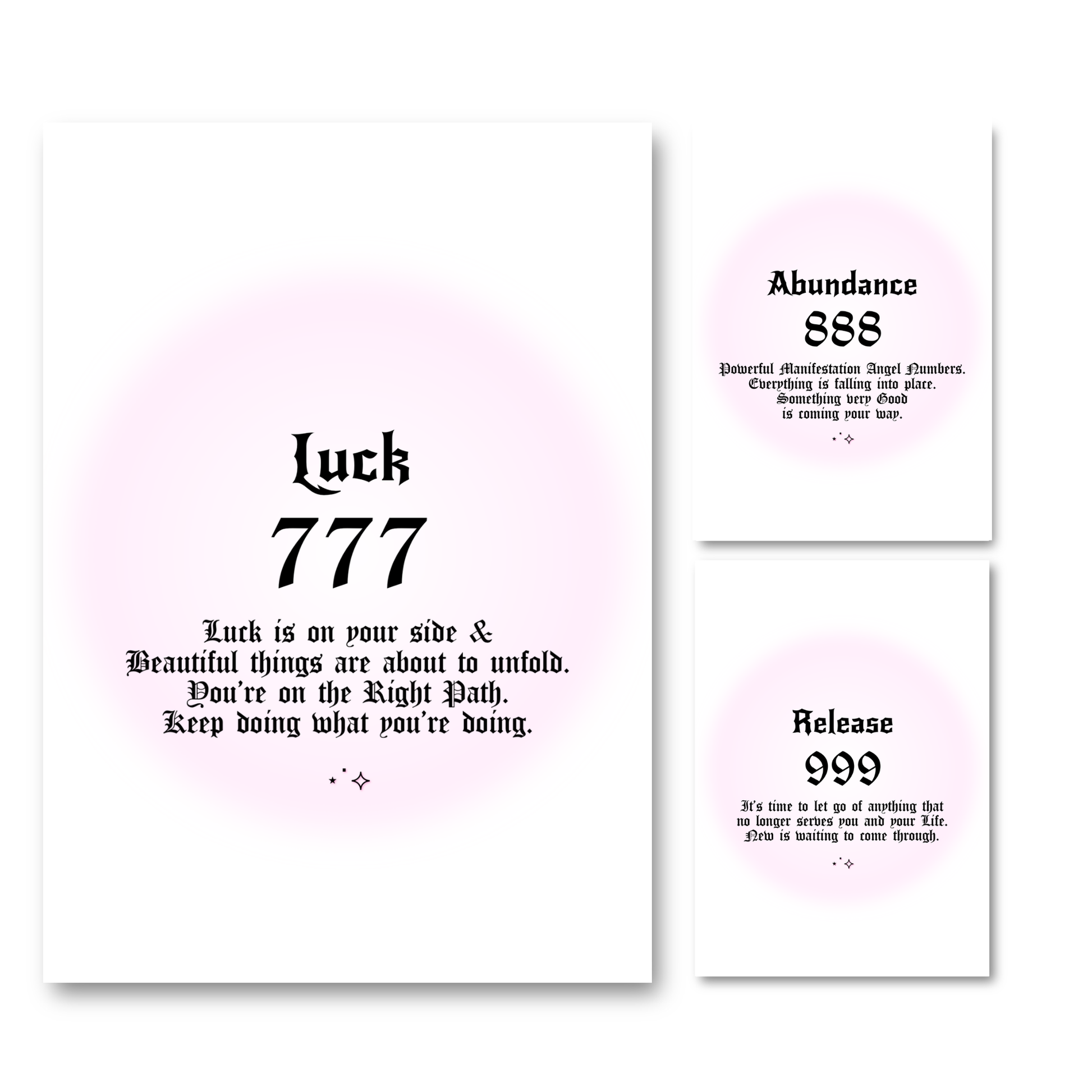 Set of three minimalist spiritual wall art prints featuring soft pink aura gradient backgrounds with bold black gothic typography for angel numbers 777, 888, and 999.