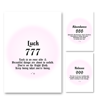 Set of three minimalist spiritual wall art prints featuring soft pink aura gradient backgrounds with bold black gothic typography for angel numbers 777, 888, and 999.