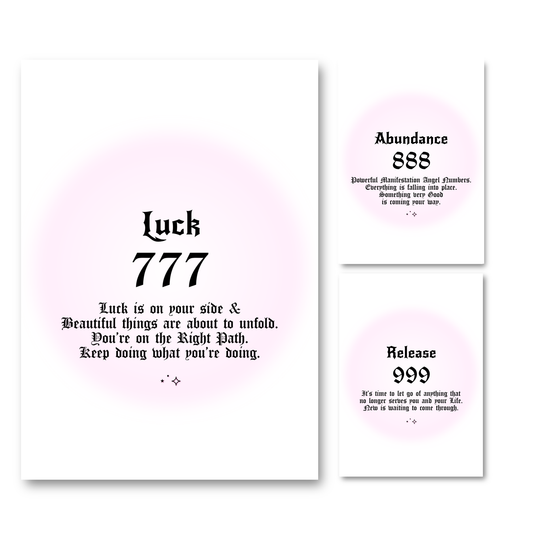 Set of three minimalist spiritual wall art prints featuring soft pink aura gradient backgrounds with bold black gothic typography for angel numbers 777, 888, and 999.
