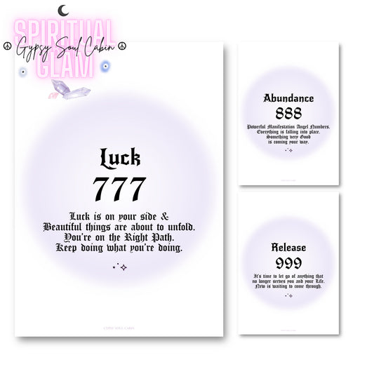 Set of three minimalist spiritual wall art prints featuring soft purple aura gradient backgrounds with bold black gothic typography for angel numbers 777, 888, and 999.