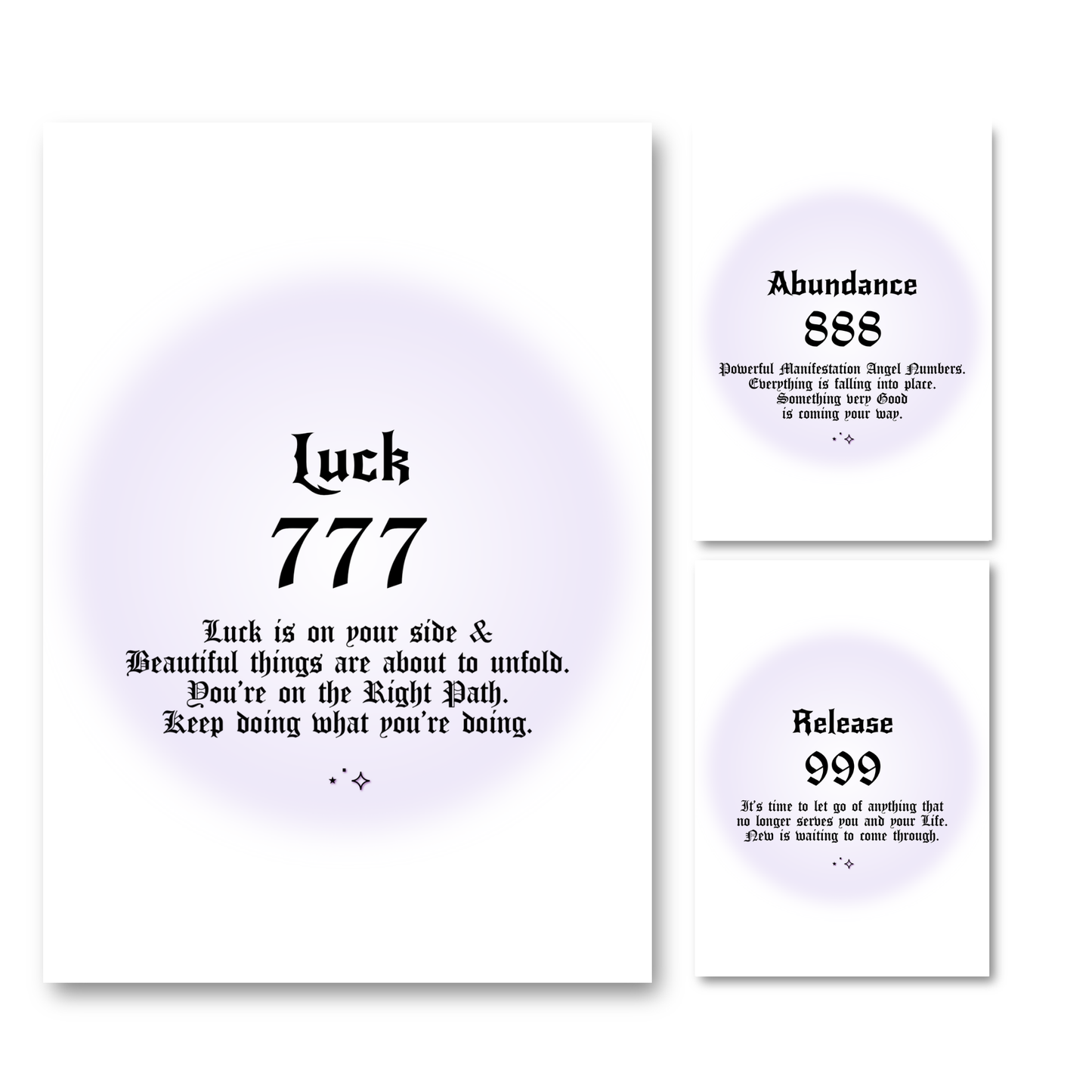 Set of three minimalist spiritual wall art prints featuring soft purple aura gradient backgrounds with bold black gothic typography for angel numbers 777, 888, and 999.