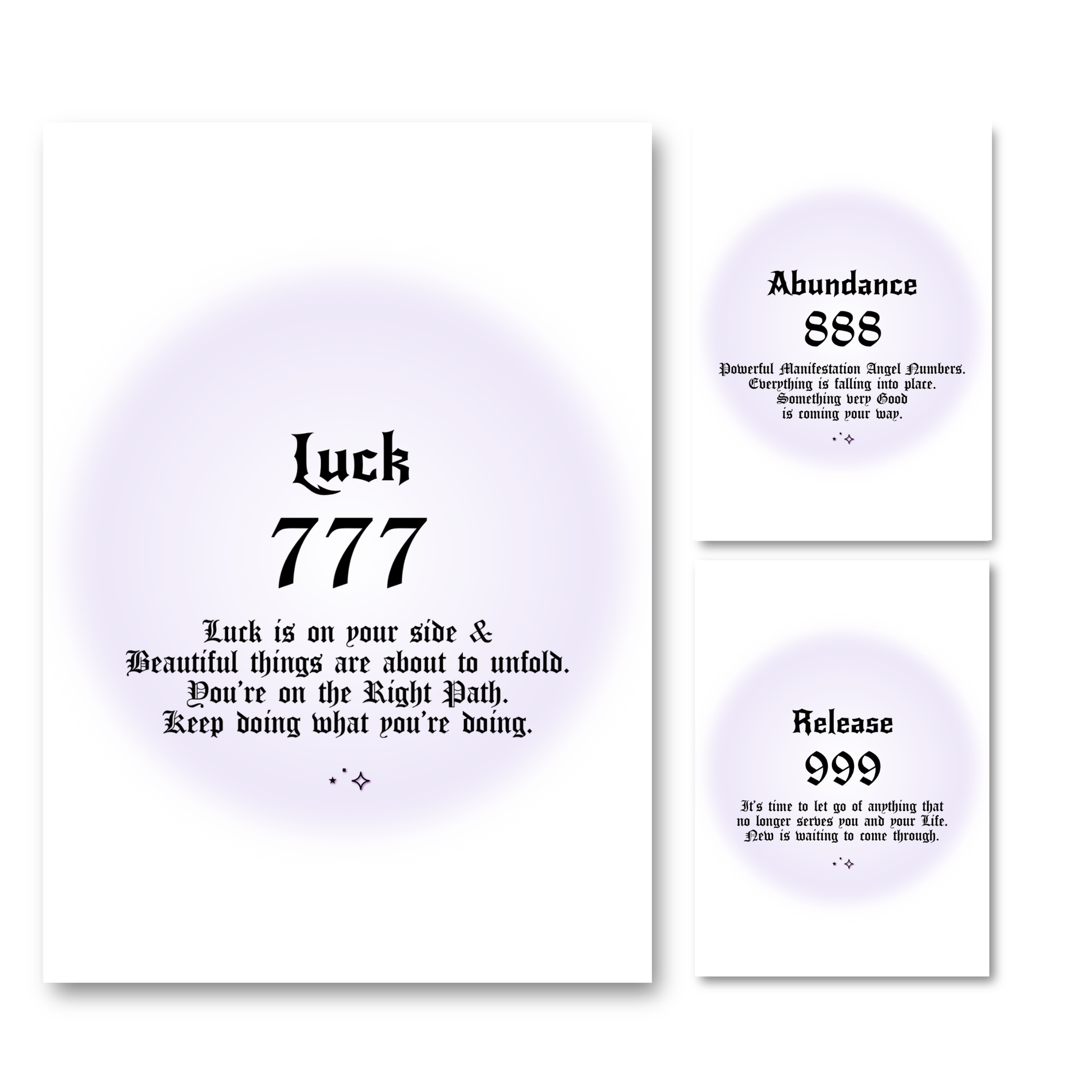 Set of three minimalist spiritual wall art prints featuring soft purple aura gradient backgrounds with bold black gothic typography for angel numbers 777, 888, and 999.