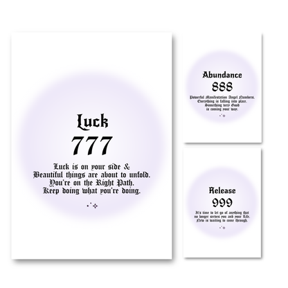 Set of three minimalist spiritual wall art prints featuring soft purple aura gradient backgrounds with bold black gothic typography for angel numbers 777, 888, and 999.