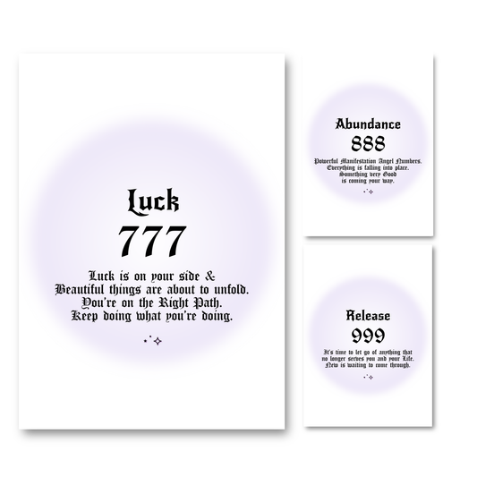 Set of three minimalist spiritual wall art prints featuring soft purple aura gradient backgrounds with bold black gothic typography for angel numbers 777, 888, and 999.