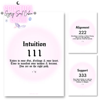 Set of three minimalist spiritual wall art prints featuring soft pink aura gradient backgrounds with bold black gothic typography for angel numbers 111, 222, and 333.