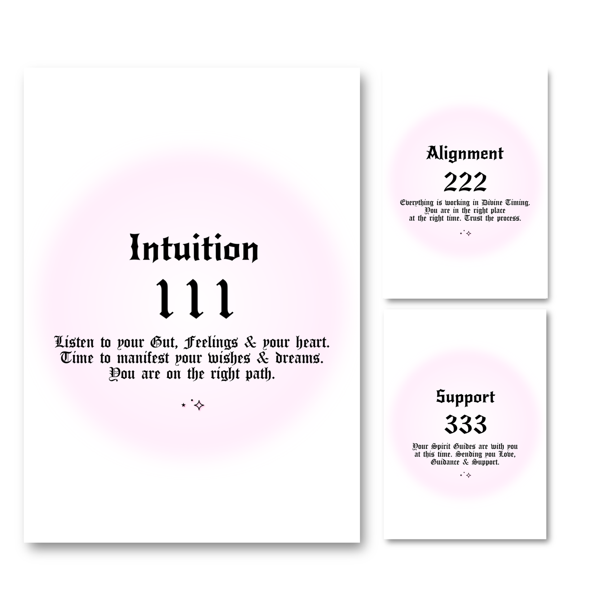 Set of three minimalist spiritual wall art prints featuring soft pink aura gradient backgrounds with bold black gothic typography for angel numbers 111, 222, and 333.