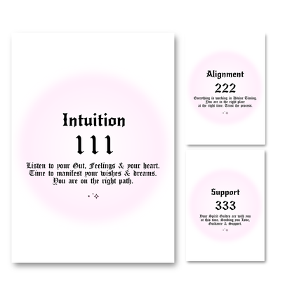 Set of three minimalist spiritual wall art prints featuring soft pink aura gradient backgrounds with bold black gothic typography for angel numbers 111, 222, and 333.
