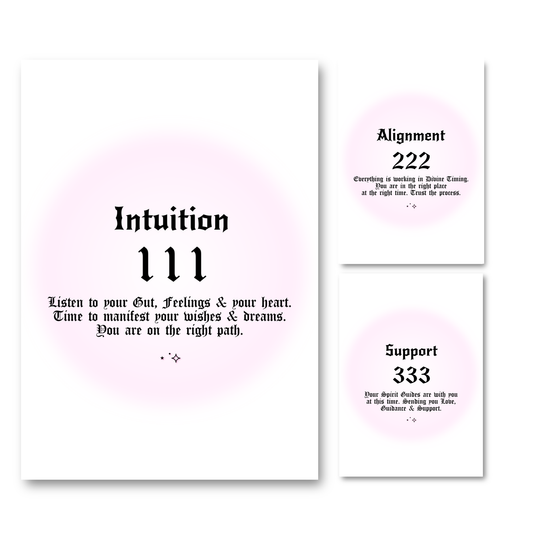 Set of three minimalist spiritual wall art prints featuring soft pink aura gradient backgrounds with bold black gothic typography for angel numbers 111, 222, and 333.