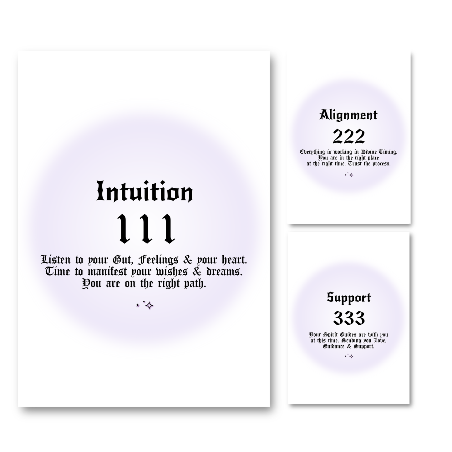 Set of three minimalist spiritual wall art prints featuring soft purple aura gradient backgrounds with bold black gothic typography for angel numbers 111, 222, and 333.