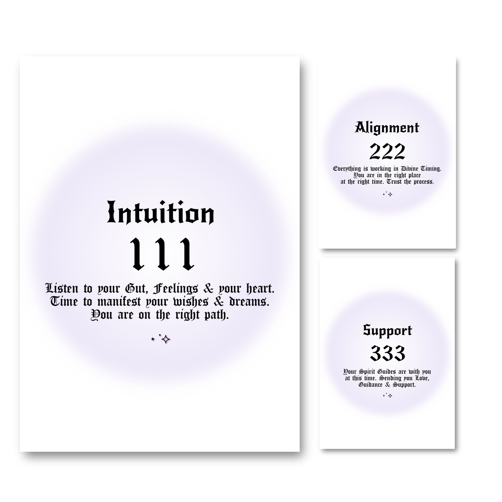 Set of three minimalist spiritual wall art prints featuring soft purple aura gradient backgrounds with bold black gothic typography for angel numbers 111, 222, and 333.