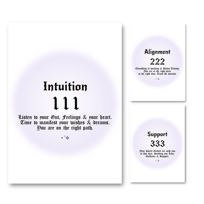 Set of three minimalist spiritual wall art prints featuring soft purple aura gradient backgrounds with bold black gothic typography for angel numbers 111, 222, and 333.