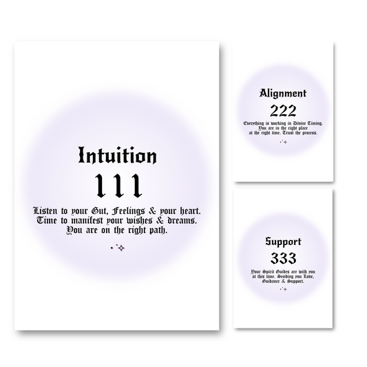 Set of three minimalist spiritual wall art prints featuring soft purple aura gradient backgrounds with bold black gothic typography for angel numbers 111, 222, and 333.
