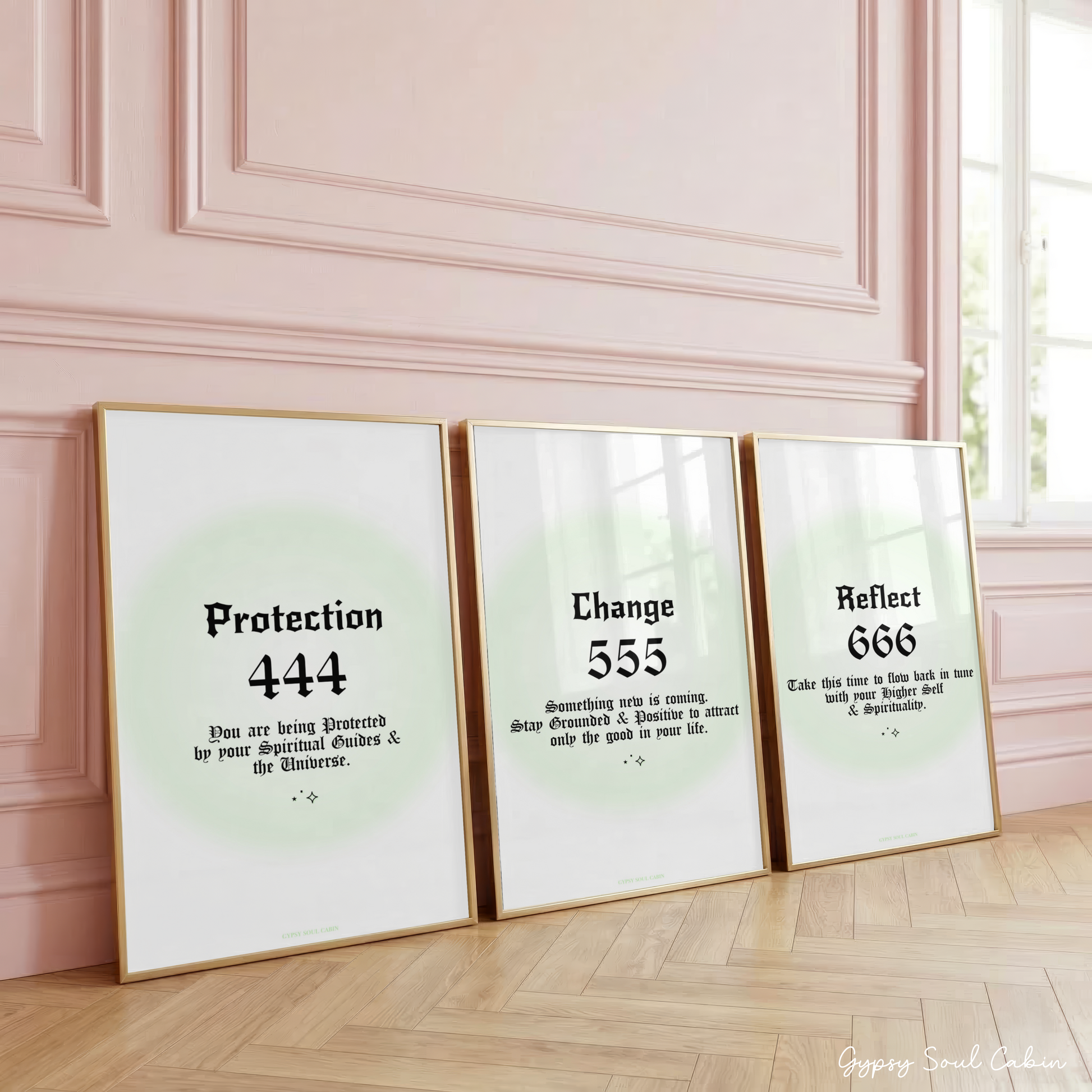 Set of three minimalist manifestation wall art prints featuring angel numbers 444, 555, and 666 in bold black typography over a soft pastel green aura gradient backdrop.