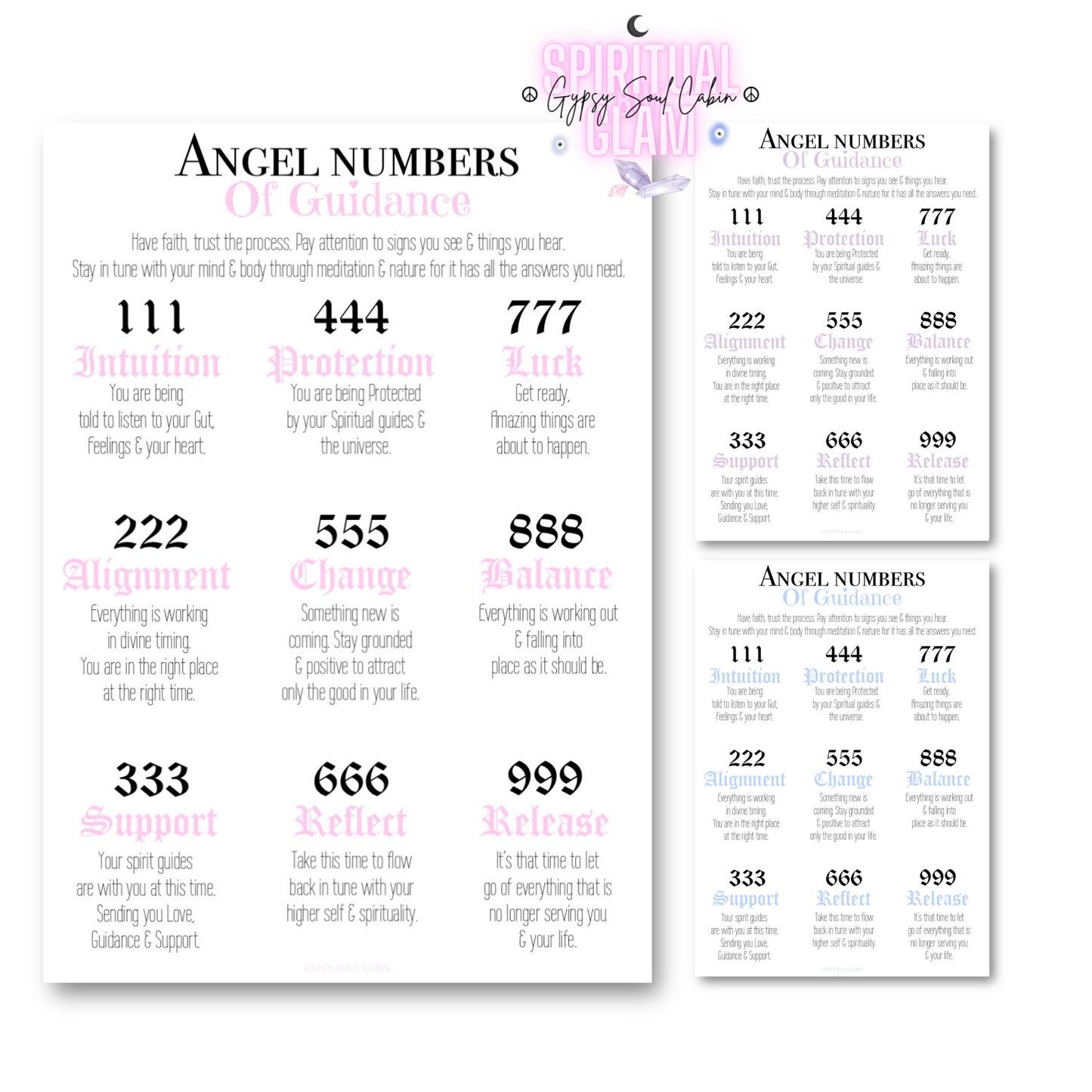 A4 minimalist spiritual poster displaying angel numbers from 111 to 999 with their meanings in clean black and pink typography.