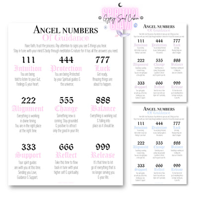 A4 minimalist spiritual poster displaying angel numbers from 111 to 999 with their meanings in clean black and pink typography.