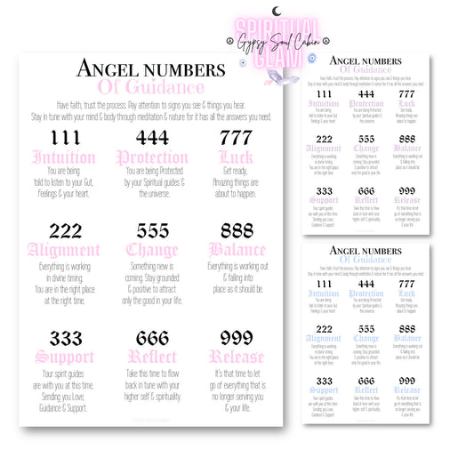 A4 minimalist spiritual poster displaying angel numbers from 111 to 999 with their meanings in clean black and pink typography.