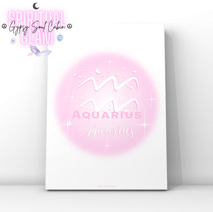 Minimalist aesthetic pink aura print featuring the Aquarius zodiac water-bearer glyph centred with celestial stars and Y2K sparkles.