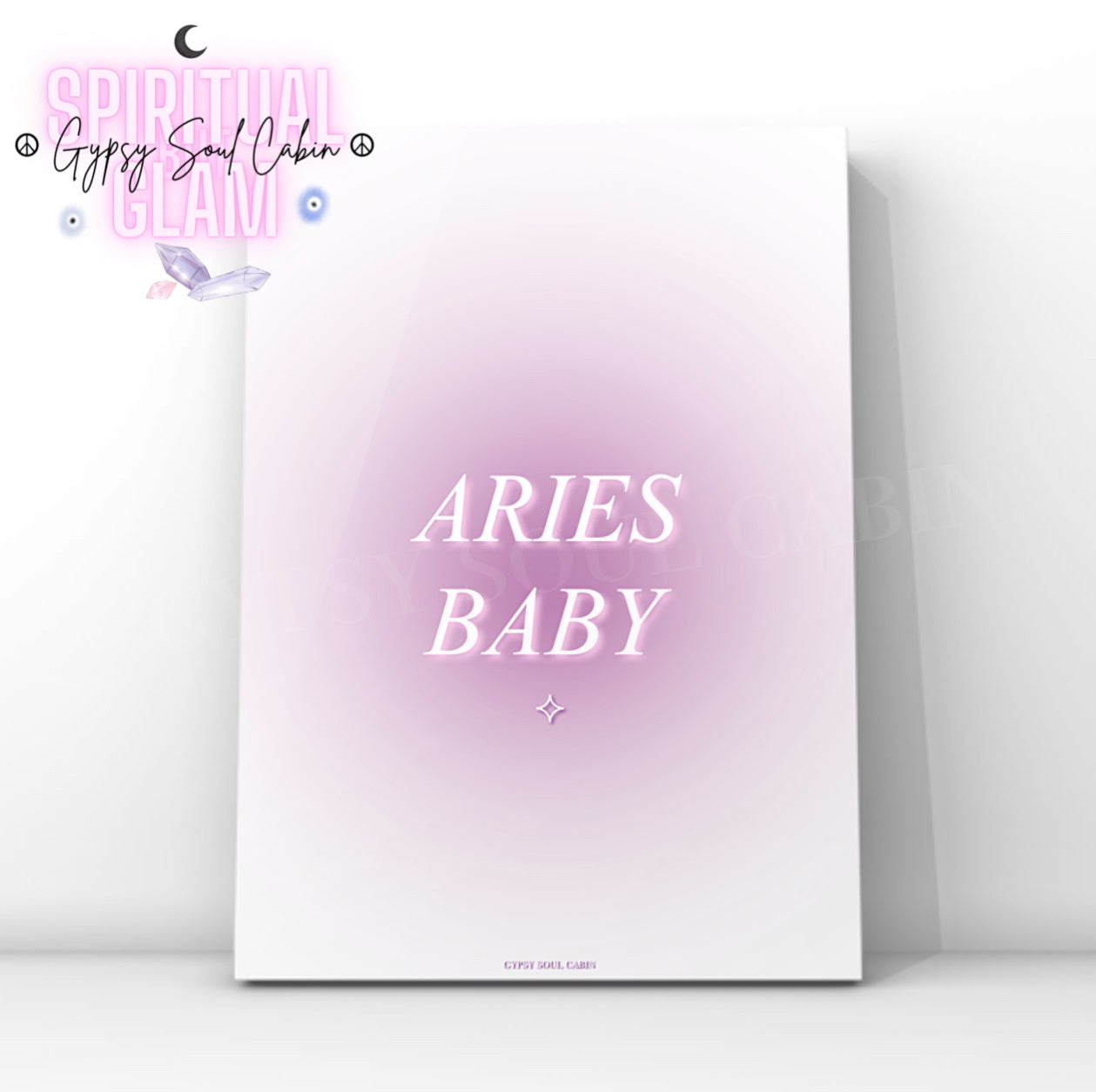 Gypsy Soul Cabin Aries Baby purple gradient aura art print with aesthetic spiritual typography and a vibrant purple energy design.