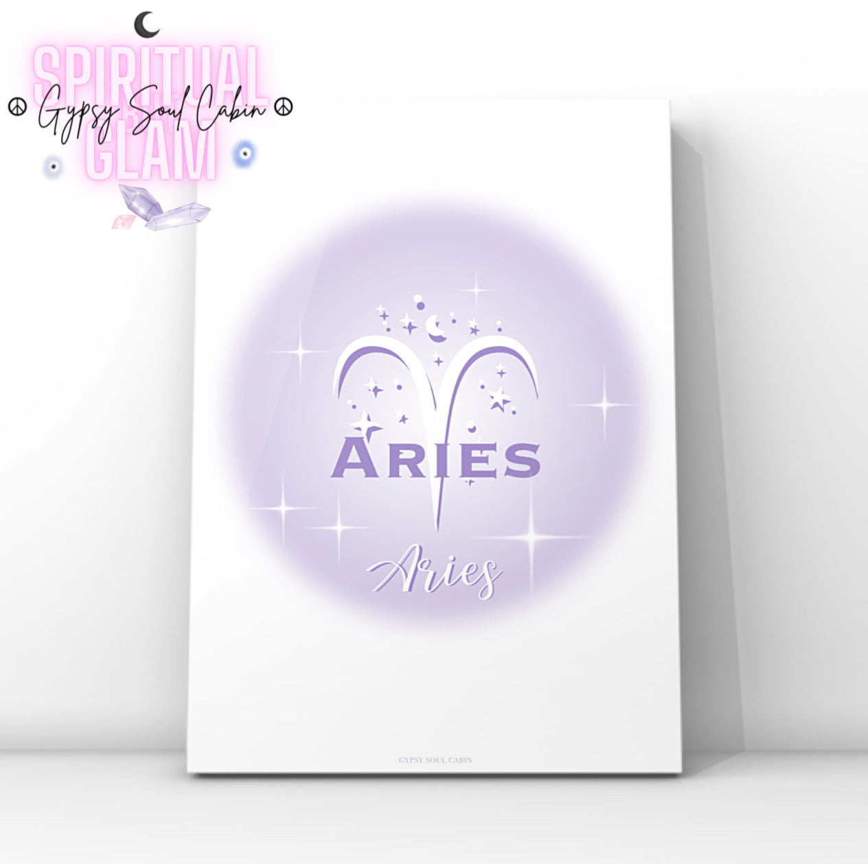 Minimalist aesthetic lavender aura print featuring the Aries zodiac ram glyph, centred with celestial stars and Y2K sparkles.