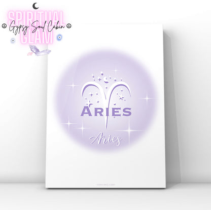 Minimalist aesthetic lavender aura print featuring the Aries zodiac ram glyph, centred with celestial stars and Y2K sparkles.