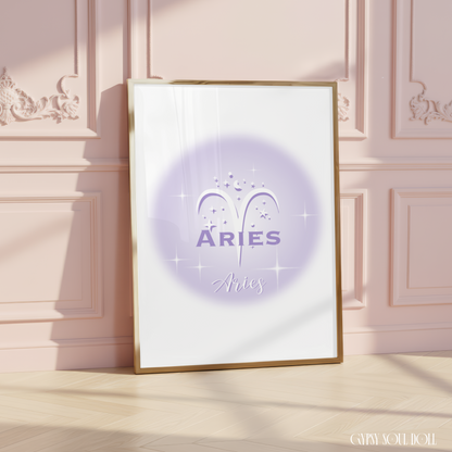 Minimalist aesthetic lavender aura print featuring the Aries zodiac ram glyph, centred with celestial stars and Y2K sparkles.