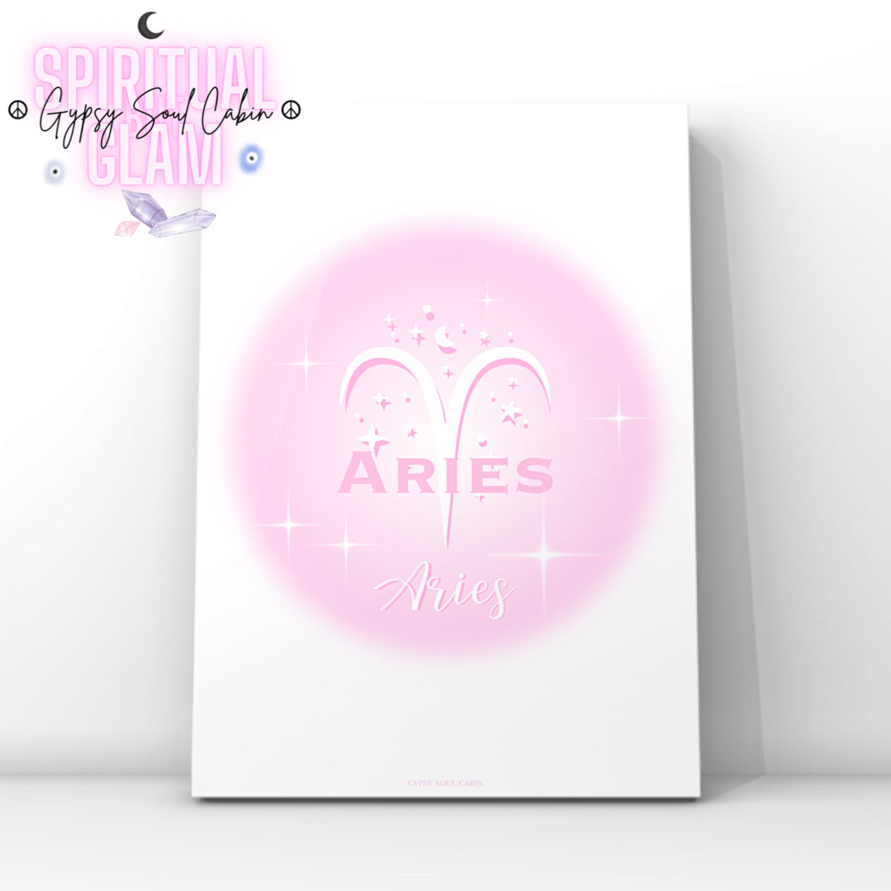 Minimalist aesthetic pink aura print featuring the Aries zodiac ram glyph centred with celestial stars and Y2K sparkles.