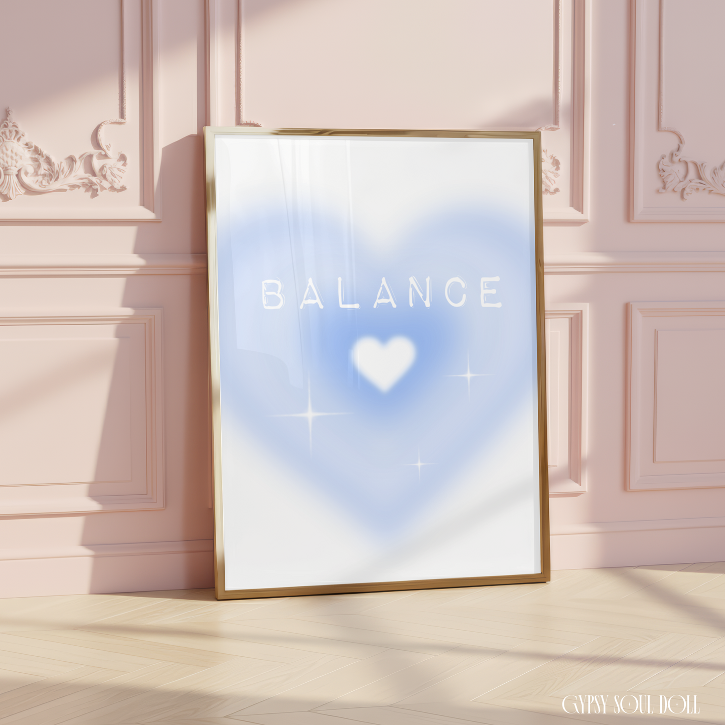 Independent doll self-care typography poster displaying the text Balance over a dreamy baby blue airbrush aura heart design with bright star sparkles.