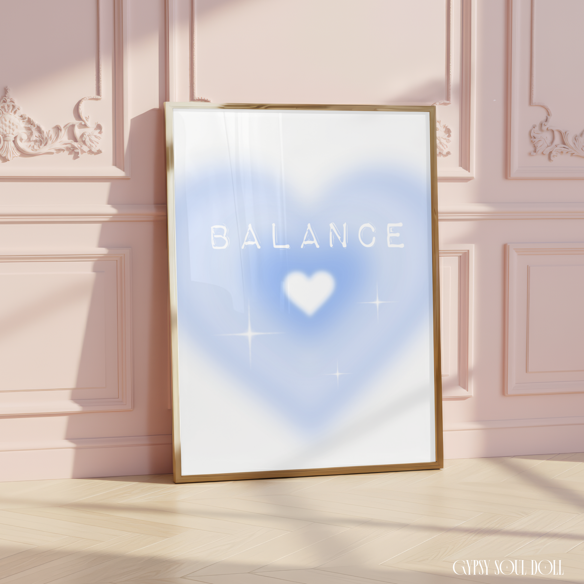 Independent doll self-care typography poster displaying the text Balance over a dreamy baby blue airbrush aura heart design with bright star sparkles.