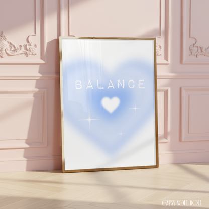 Independent doll self-care typography poster displaying the text Balance over a dreamy baby blue airbrush aura heart design with bright star sparkles.