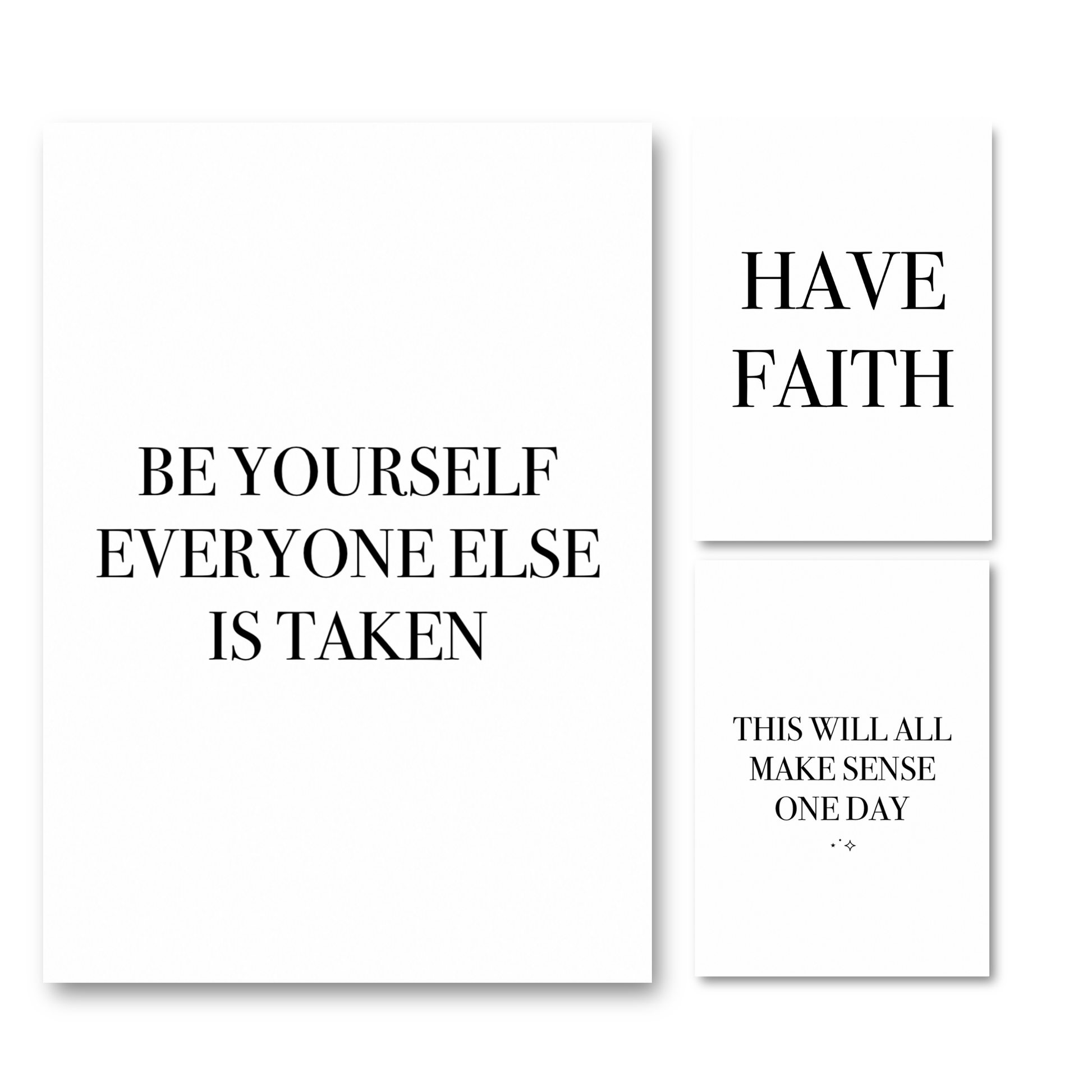 Set of three minimalist black and white typography prints featuring authentic self-love quotes and positive mindset affirmations.