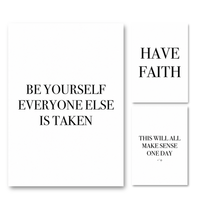Set of three minimalist black and white typography prints featuring authentic self-love quotes and positive mindset affirmations.