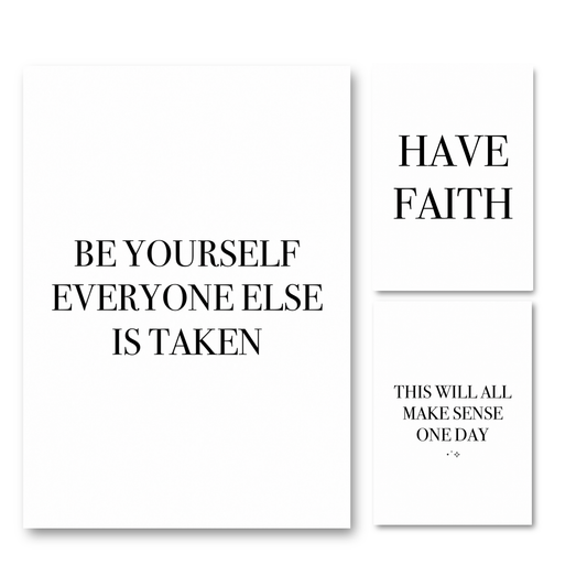 Set of three minimalist black and white typography prints featuring authentic self-love quotes and positive mindset affirmations.