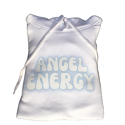 A white drawstring hoodie with 'ANGEL ENERGY' printed in a bubbly, light blue and white font on the front, set against a plain white background.