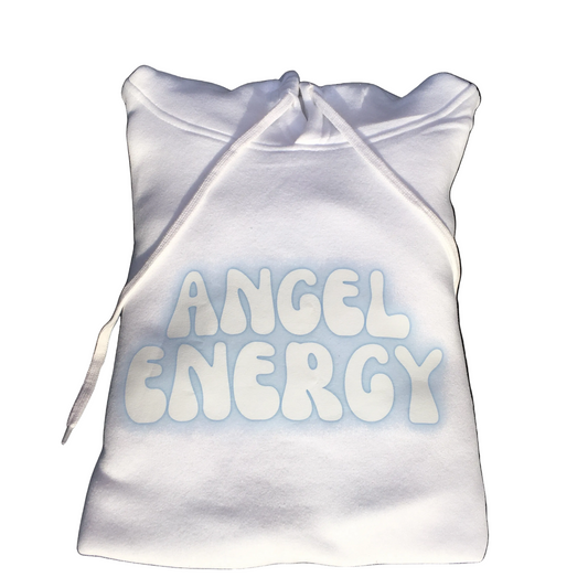 A white drawstring hoodie with 'ANGEL ENERGY' printed in a bubbly, light blue and white font on the front, set against a plain white background.