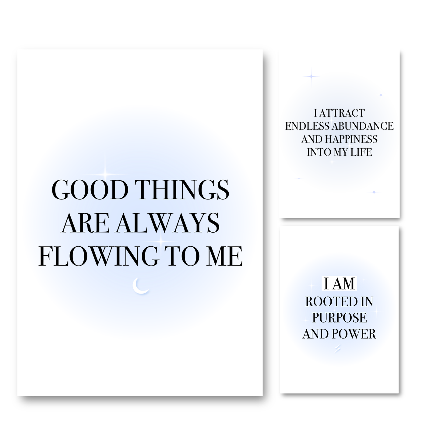 Set of three spiritual typography wall art prints with a soft blue aura gradient glow, featuring manifestation and abundance affirmations.