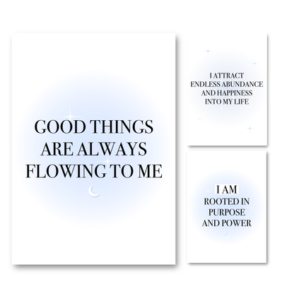 Set of three spiritual typography wall art prints with a soft blue aura gradient glow, featuring manifestation and abundance affirmations.