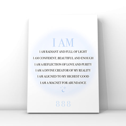 A4 spiritual typography print resting on a white surface, displaying a list of black I AM manifestation affirmations over a pastel blue aura gradient glow with an 888 angel number.