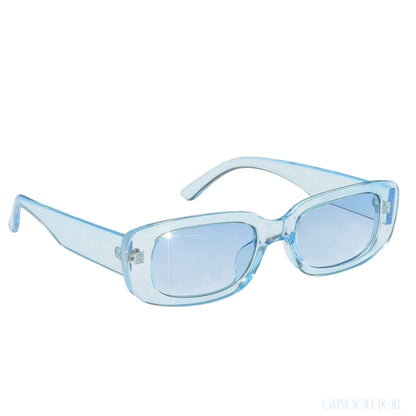 Light blue translucent square sunglasses with matching blue-tinted lenses, shown on a plain white background.