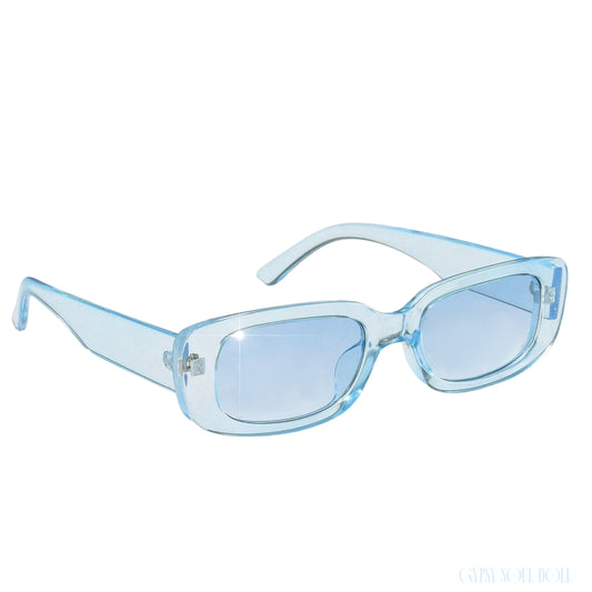 Light blue translucent square sunglasses with matching blue-tinted lenses, shown on a plain white background.