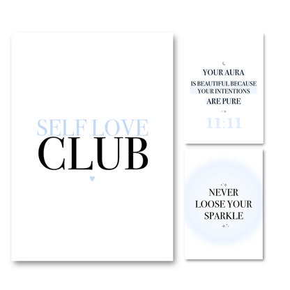 A 3-piece gallery set of minimalist wall art prints featuring baby blue accent typography with motivational self-love and celestial aura themes.