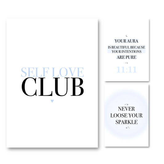 A 3-piece gallery set of minimalist wall art prints featuring baby blue accent typography with motivational self-love and celestial aura themes.